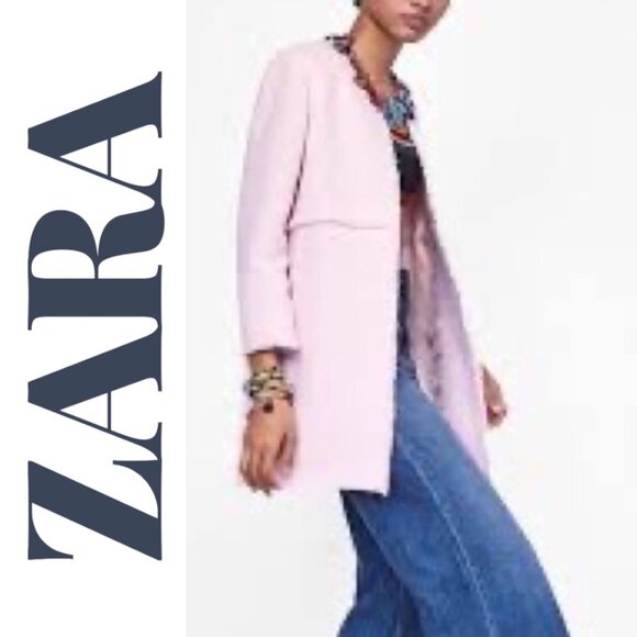 ZARA  Blush Pink Tweed Frayed Edge Longline Open Front Jacket Coat, Size Small - Picture 13 of 13